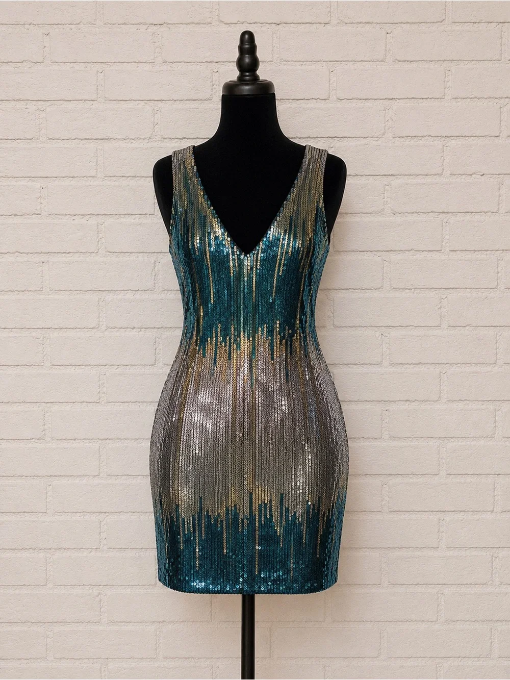 Macy's | Dresses | Macys Teal Gold And Silver Sequin Vneck Mini Dress